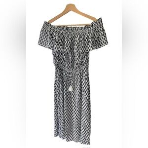 Kate Spade Ruffle Off-The-Shoulder Black & White Arrow‎ Stripe Midi Dress